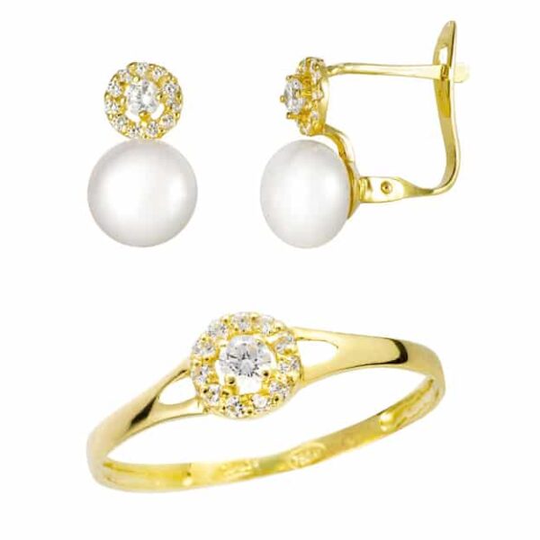 Juego comunión pendientes y anillo perla flor oro