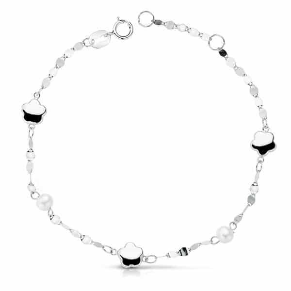 Pulsera flores y perlas oro blanco
