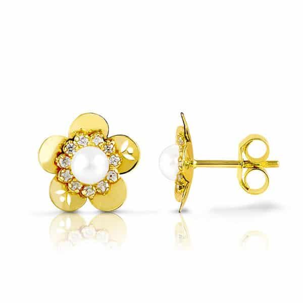 Pendientes flor perla circonitas oro