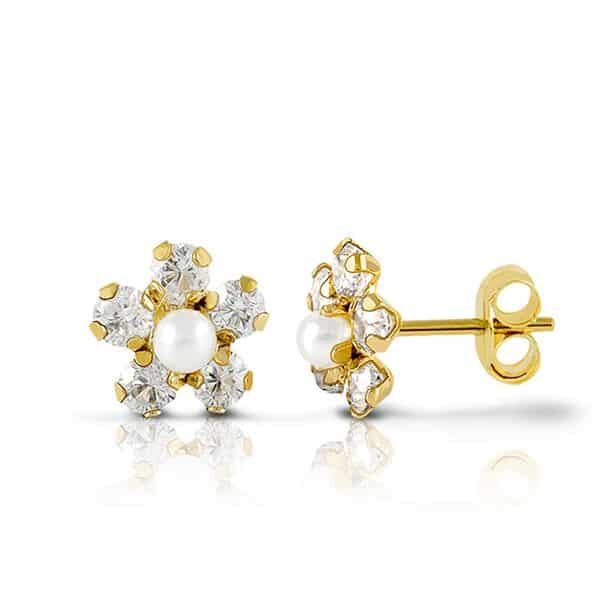 Pendientes flor circonitas perla oro