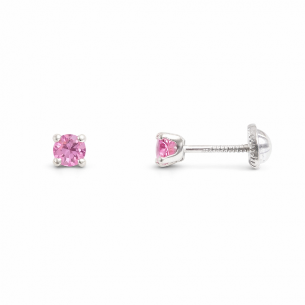 Pendientes bebé circonita rosa cuatro garras en plata rodiada