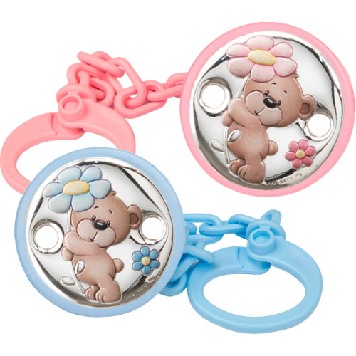 Chupetero oso con flor en plata