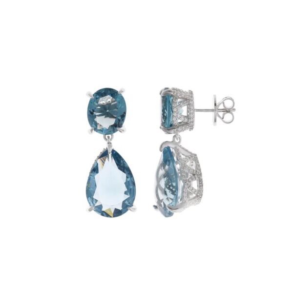 Pendientes cristal azul zafiro ovalo y pera con circonitas en la muntura en plata rodiada