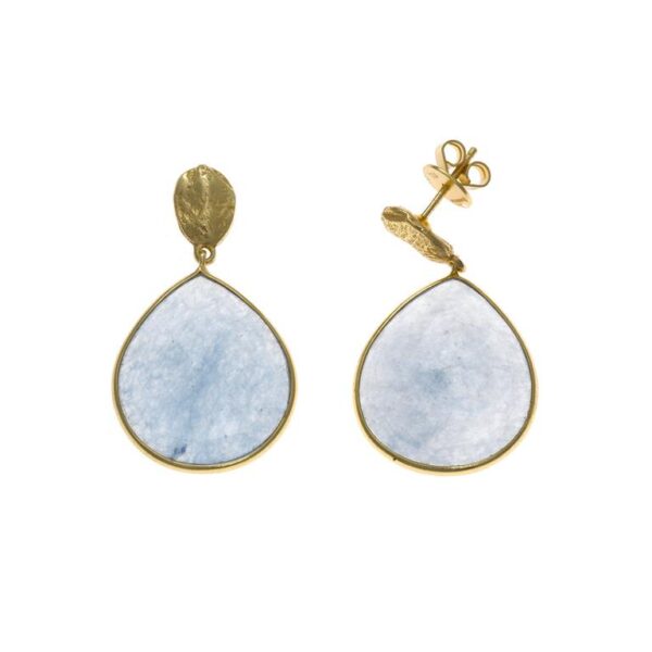 Pendientes con piedra calcita color azul en talla pera en plata dorada