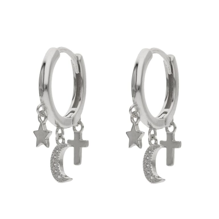 Pendientes aro con charms de luna, estrella y cruz en plata