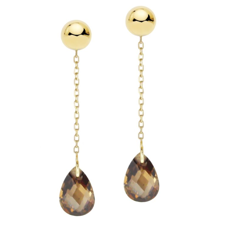 Pendientes largos piedra marrón en oro amarillo