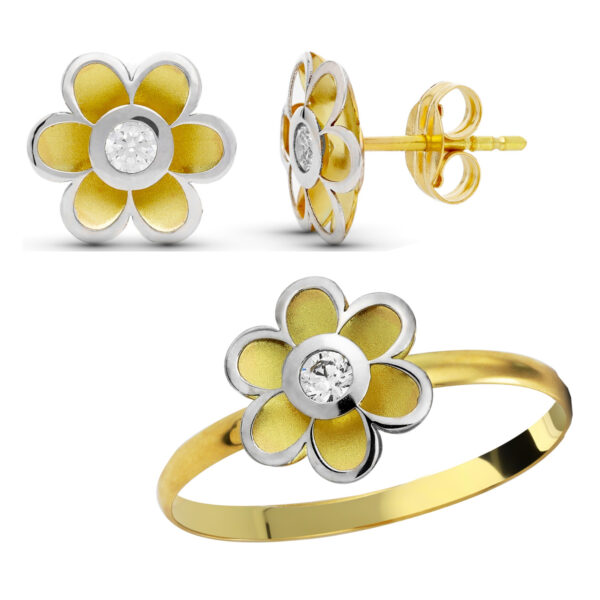 Conjunto comunión anillo y pendientes flor bicolor en oro