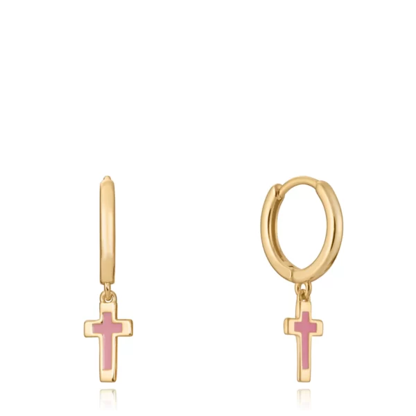 Pendientes aro con cruz esmaltada en rosa en plata dorada