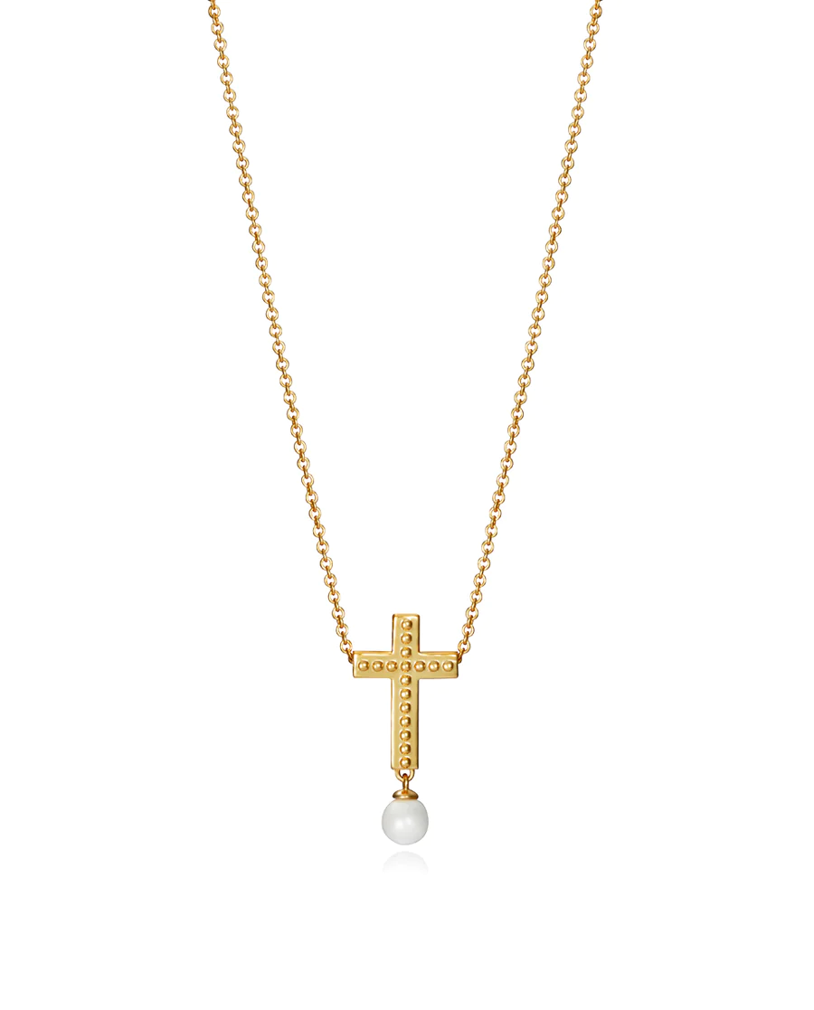 Colgante cruz con perla en plata dorada