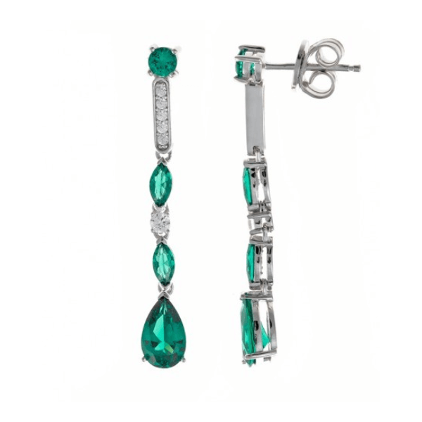 Pendientes tira circonitas verdes y blancas en plata