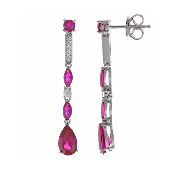Pendientes largas con circonitas color rubí y blancas en plata