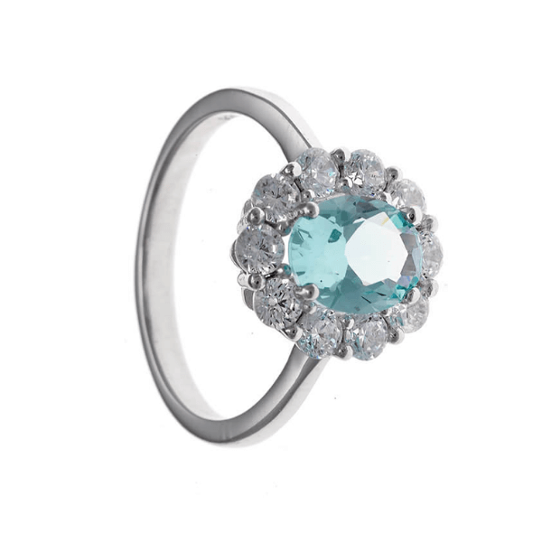 anillo roseta ovalada con centro verde aguamarina
