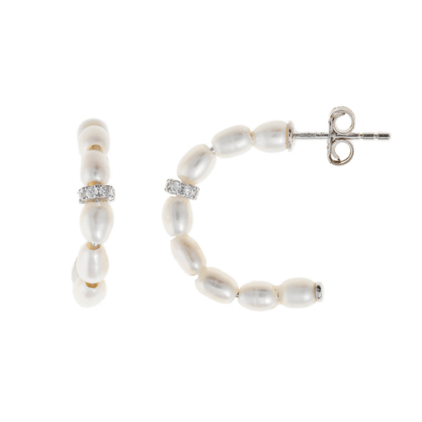 Pendientes medio aro con perlas y circonitas en plata