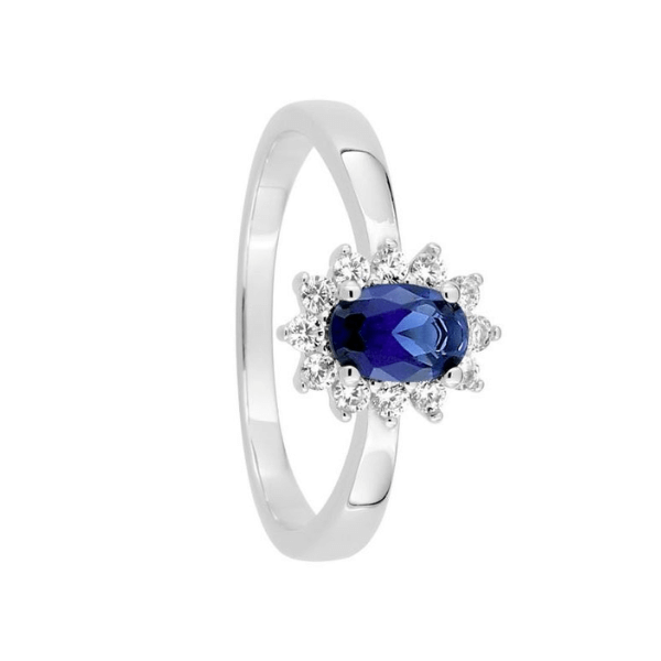 anillo roseta oval circonita zafiro y circonitas blancas