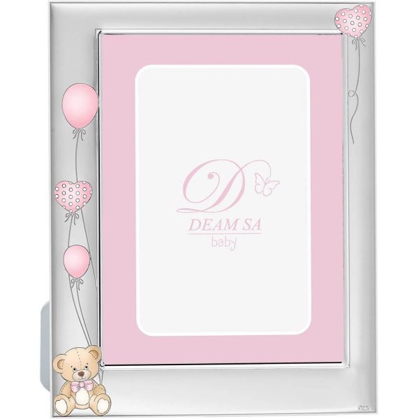 Marco infantil en plata con osito y globos en rosa
