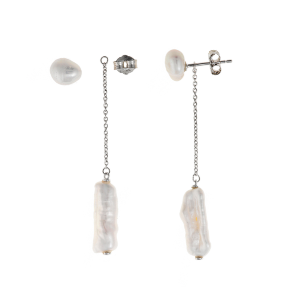 Pendientes perla con cadena y perla barroca en plata