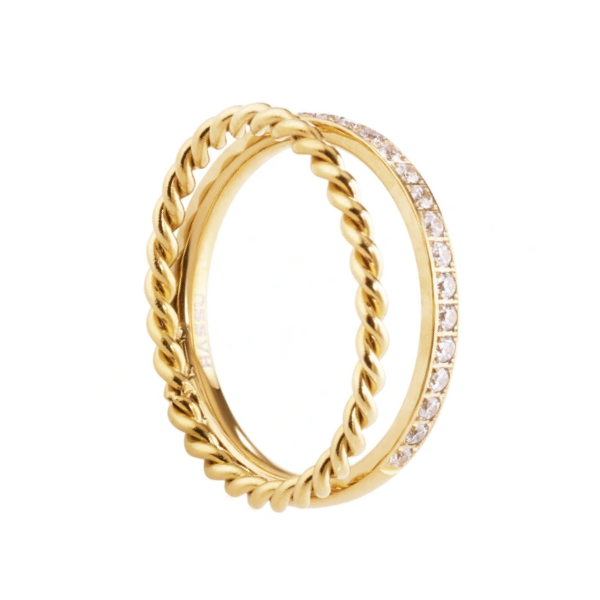 Anillo doble cordoncillo y circonitas en acero dorado