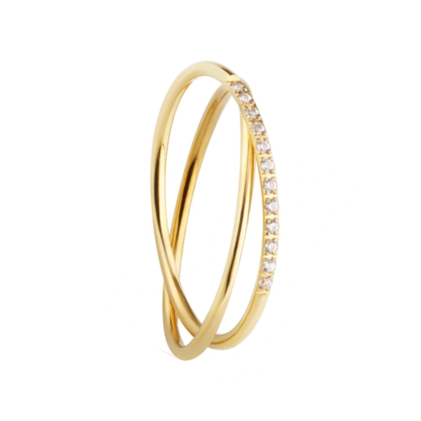 Anillo doble cruzado con circonitas en acero dorado