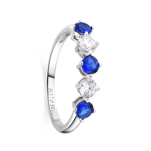 Anillo con circonitas blancas y azules en plata