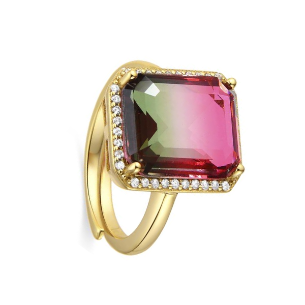 Anillo cuarzo turmalina cuadrado en plata dorada