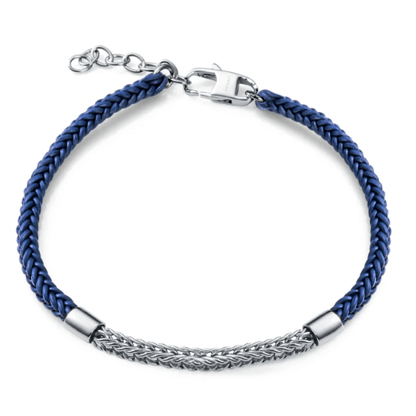 Pulsera hombre trenzada piel azul en plata rodiada primera ley