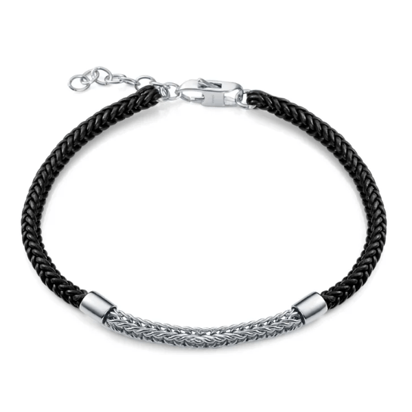 Pulsera hombre trenzada piel negra en plata rodiada primera ley
