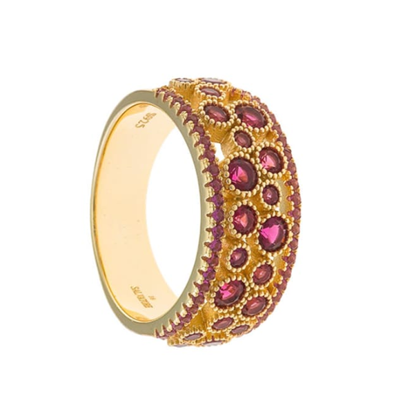 Anillo círculos circonitas color rubí en plata dorada