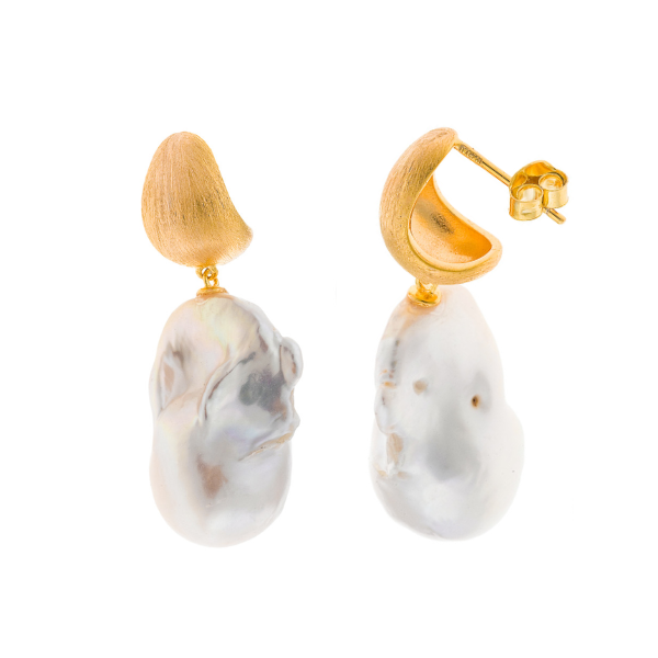 Pendientes largos con perla barroca irregular en plata dorada