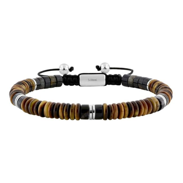 Pulsera hombre macramé con piedra ojo de tigre en acero