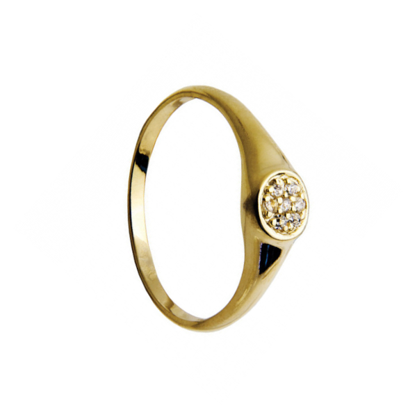 anillo tipo sello con circonitas en acero dorado