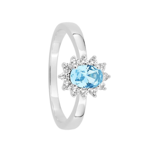 Anillo circonita oval aguamarina en plata de ley