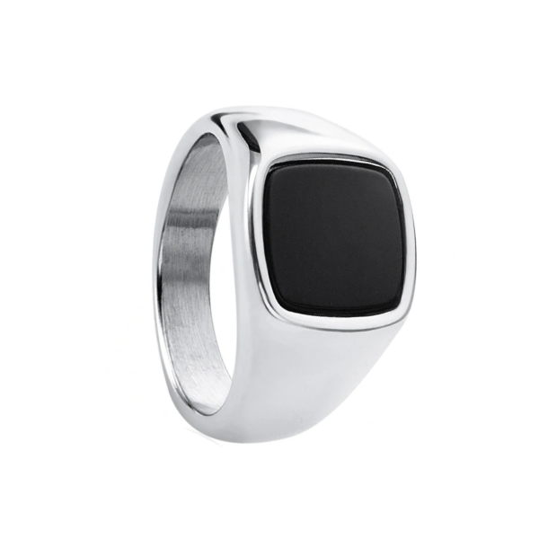 Anillo sello piedra negra en acero