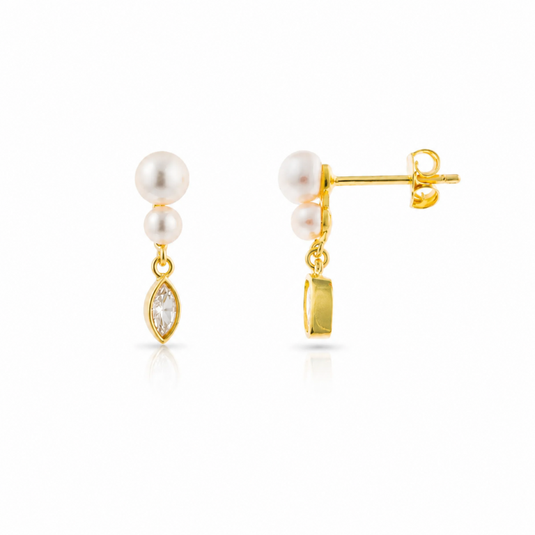 Pendientes perlas y circonita marquesa en plata dorada