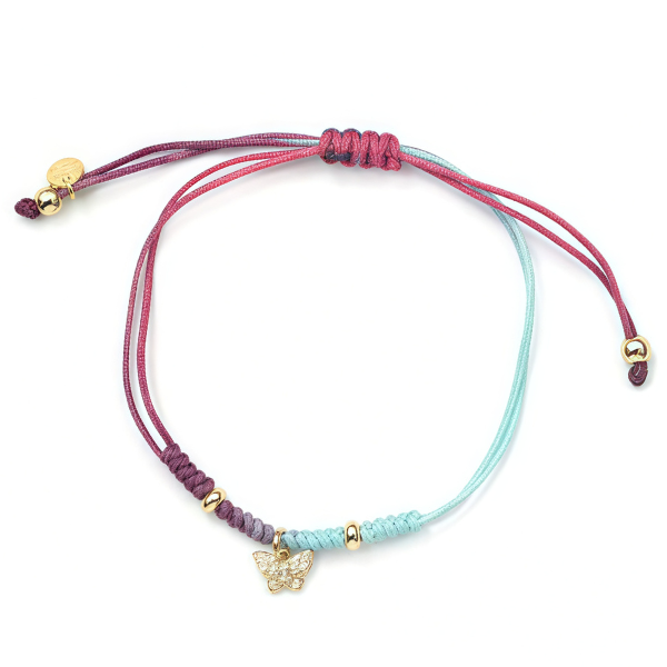 Pulsera ajustable hilo con mariposa en plata dorada con circonitas