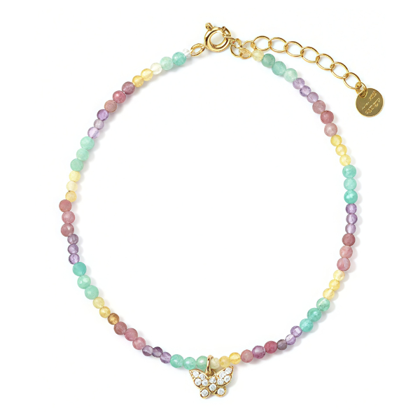 Pulsera bolitas multicolor y mariposa en plata dorada