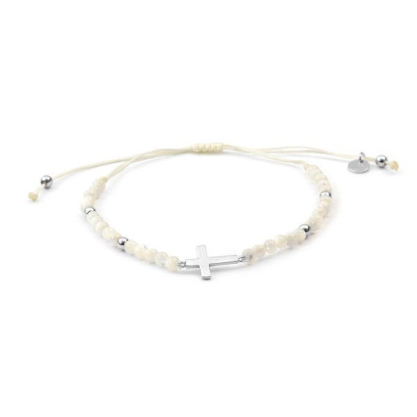Pulsera cruz en plata y bolitas madre perla