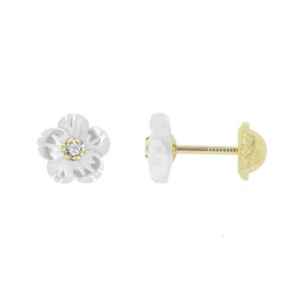 Pendientes flor nácar con circonita en el centro en oro amarillo