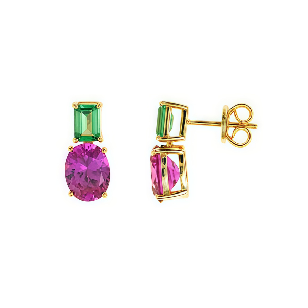 Pendientes fucsias y verdes invitada en plata dorada