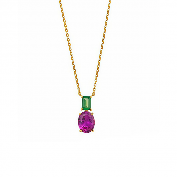 Gargantilla óvalo fucsia y baguette verde en plata dorada