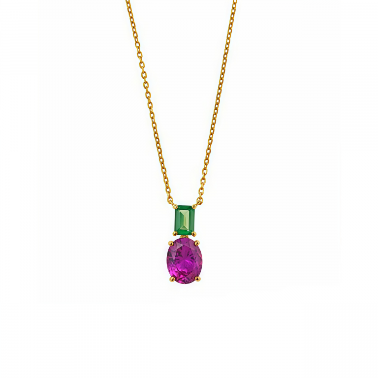 Gargantilla óvalo fucsia y baguette verde en plata dorada