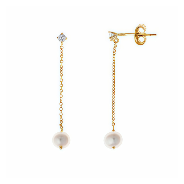 Pendientes cadena con perla y circonita en plata dorada