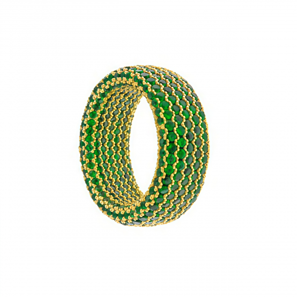 Anillo ancho circonitas verdes en plata dorada