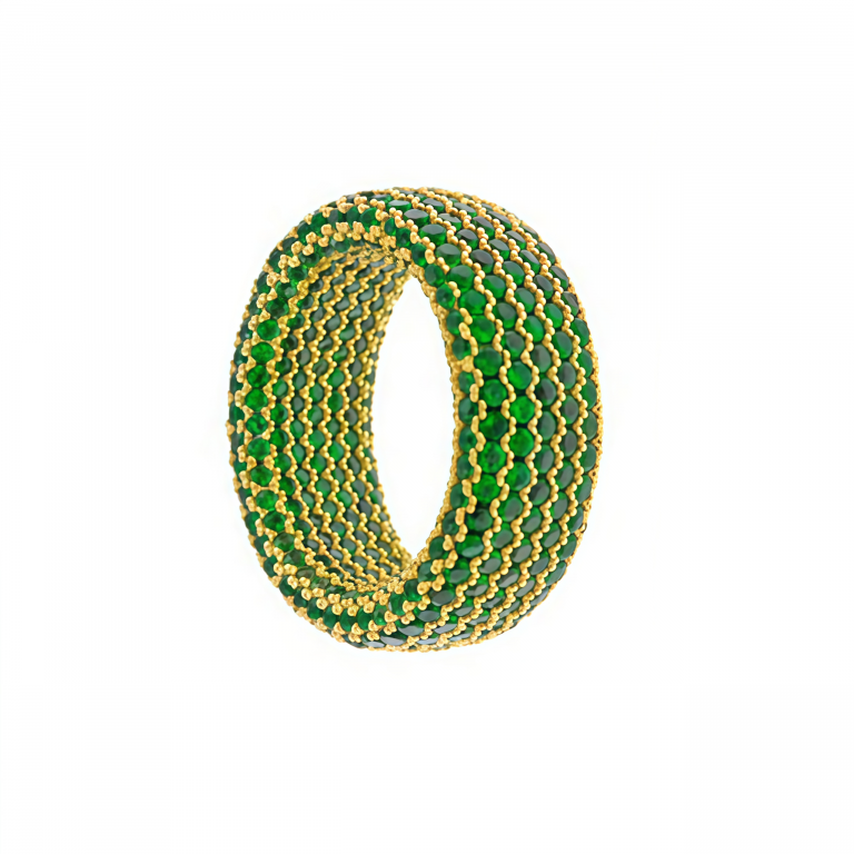 Anillo ancho circonitas verdes en plata dorada