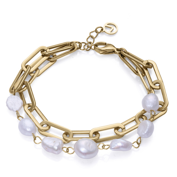 Pulsera eslabones y perlas en acero dorado