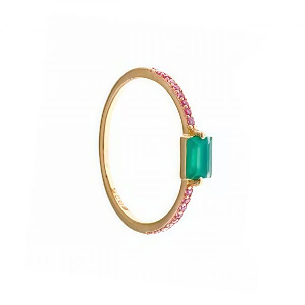 Anillo onix verde y circonitas rosa en plata dorada