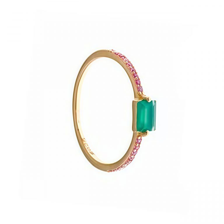 Anillo onix verde y circonitas rosa en plata dorada