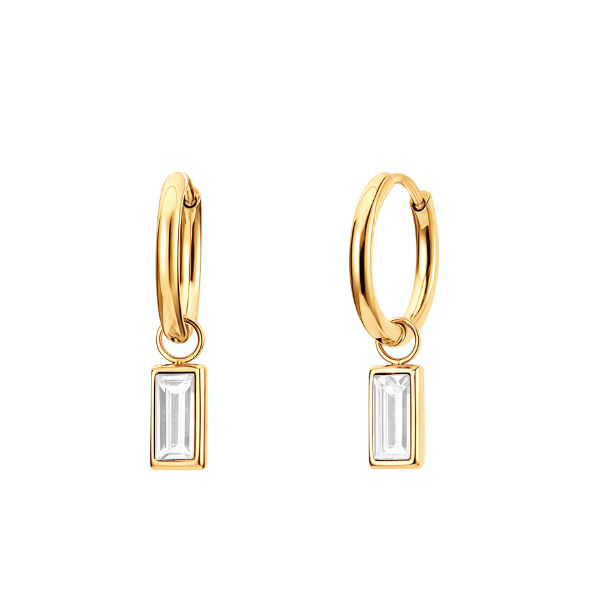 Pendientes aro en acero dorado con circonita baguette