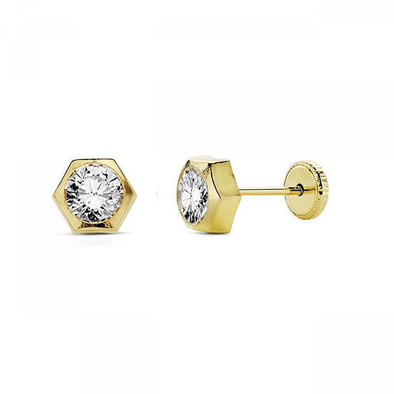 Pendientes hexágono con circonita en oro