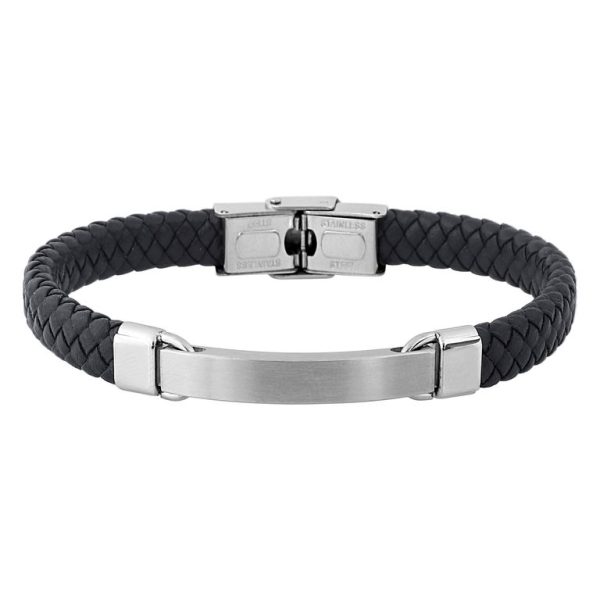 Pulsera piel negra trenzada chapa matizada en acero