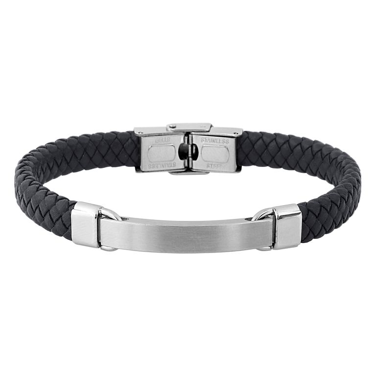 Pulsera piel negra trenzada chapa matizada en acero